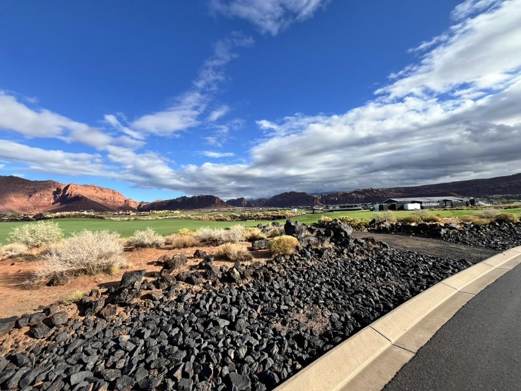 Desert style commercial landscape with lava rock border, native shrubs, green field, and red rock mountains in the distance