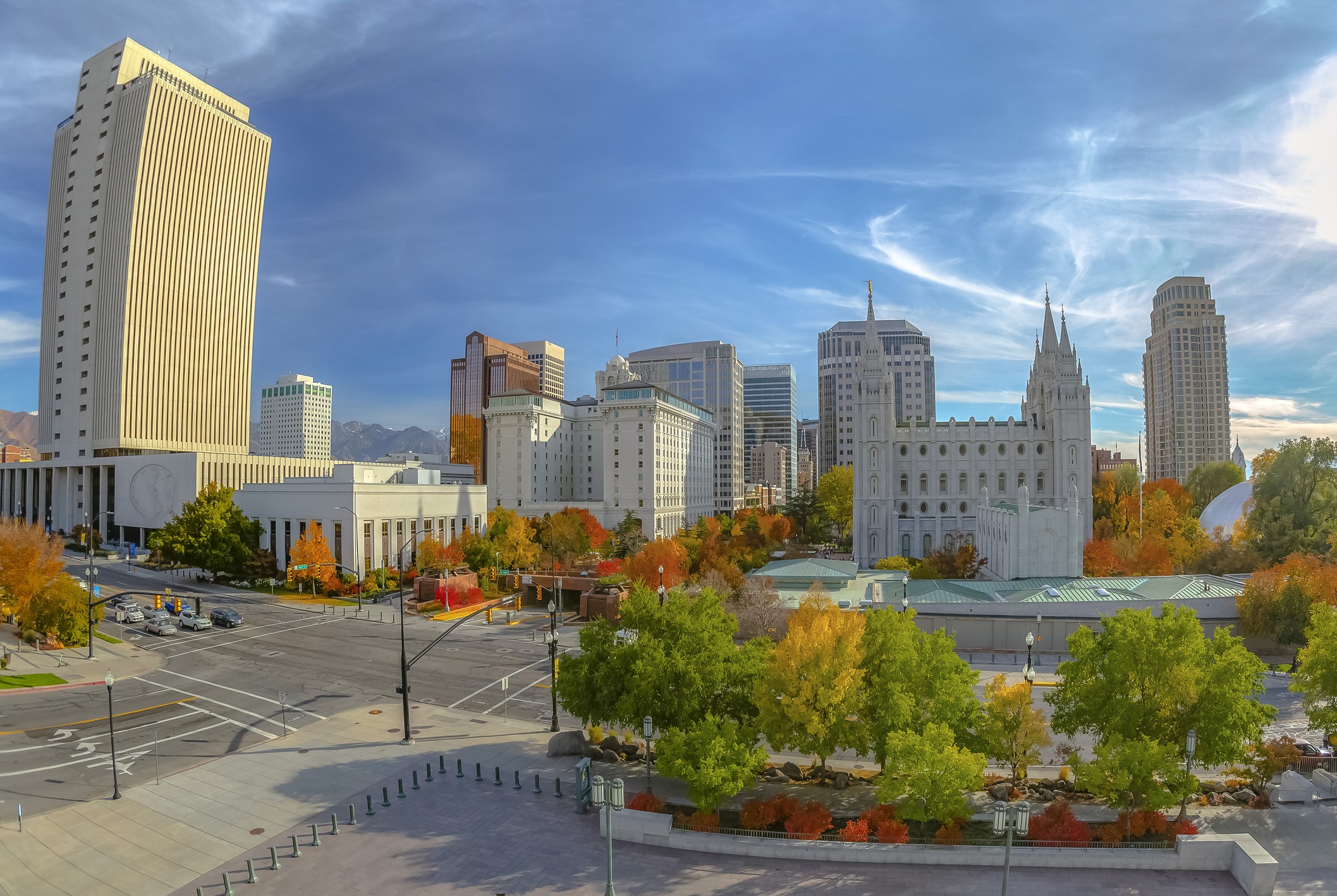 Salt Lake City skyline with autumn trees