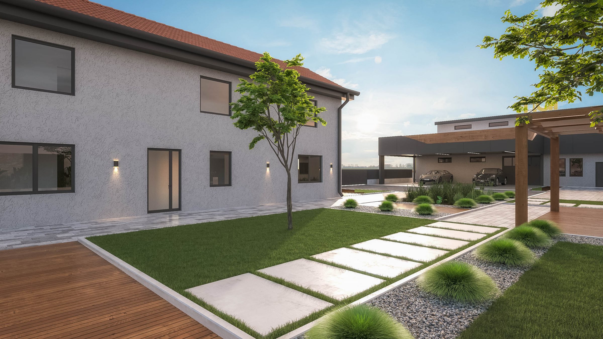 Modern house with landscaped yard and driveway.