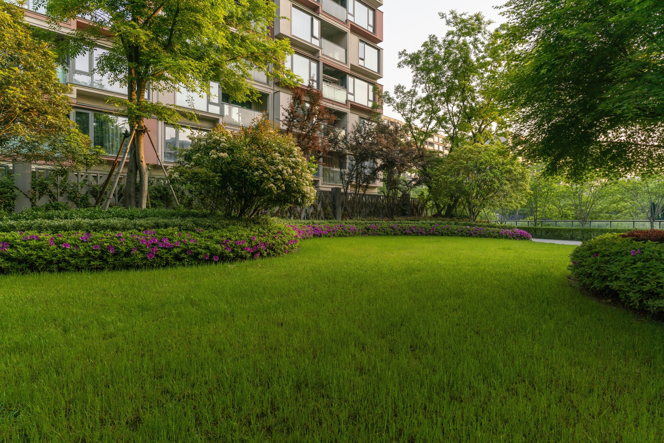 Green garden with colorful flowers and trees near building.