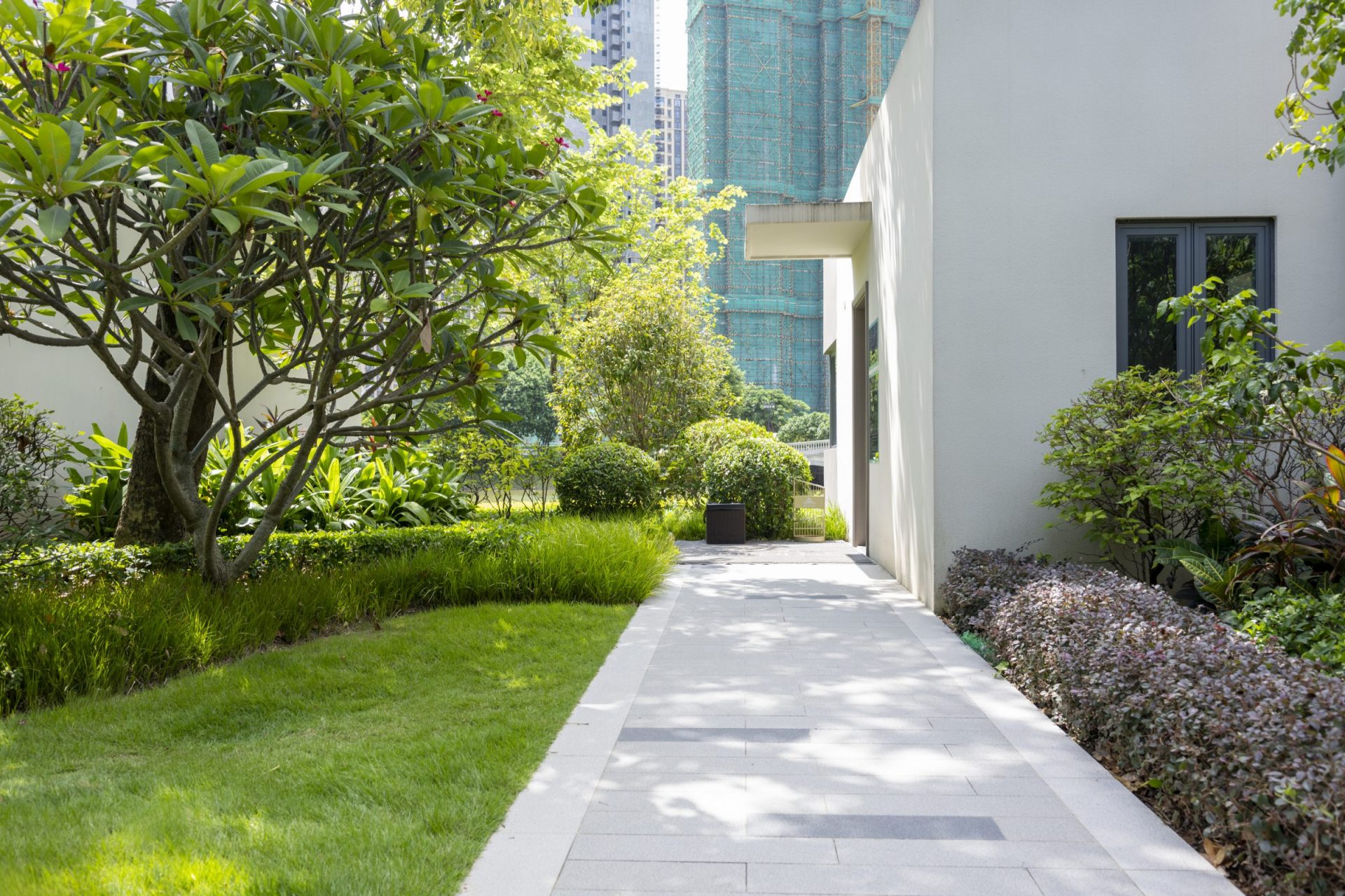 Commercial buildings and lush green lawn