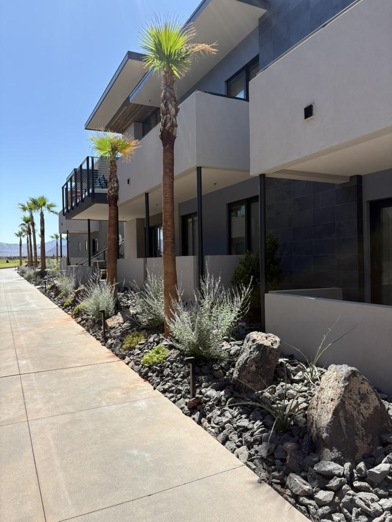 Modern commercial building with palm trees and rock mulch landscaping