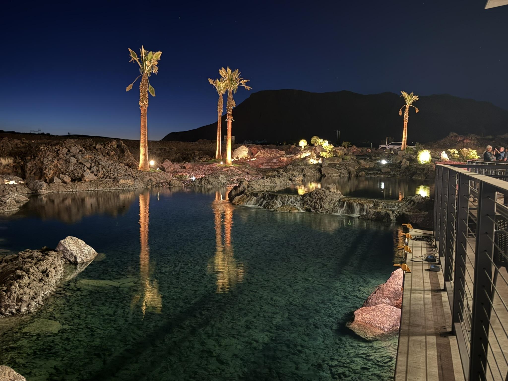 Nighttime commercial water feature with illuminated palm trees, reflective pond, rock formations, and outdoor seating area